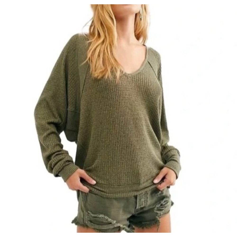 FREE PEOPLE Sweater S Thermal Pullover Cotton Blend Green
